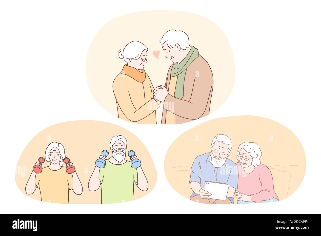 Ältere ältere ältere Paar leben glücklich aktiven Lebensstil Konzept. Reifes Paar macht Fitness-Training, Buch lesen oder auf Fotoalbum und de Stock Vektor