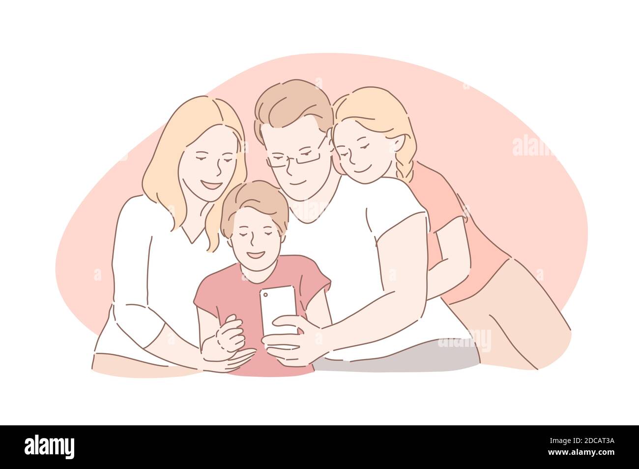 Familienbindung, glückliche Kindheit, Elternschaft Konzept. Verwandte nehmen Selfie zusammen, halten wichtige Momente des Lebens, Mutter, Vater, Tochter und Stock Vektor