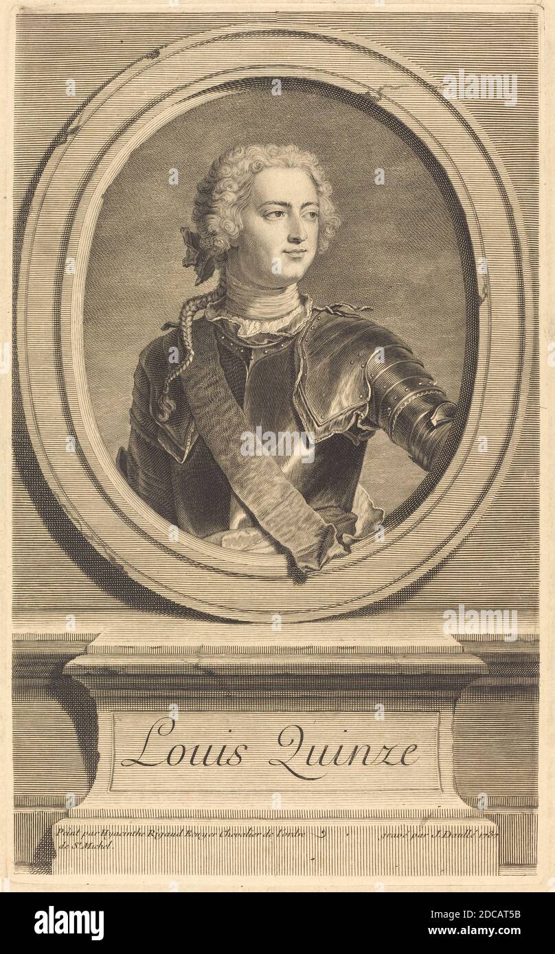 Jean Daulé, (Künstler), französisch, 1703 - 1763, Hyacinthe Rigaud, (Künstler nach), französisch, 1659 - 1743, Louis XV, 1737, Gravur, Platte: 32.2 x 19.5 cm (12 11/16 x 7 11/16 Zoll), Blatt: 46.8 x 31 cm (18 7/16 x 12 3/16 Zoll Stockfoto