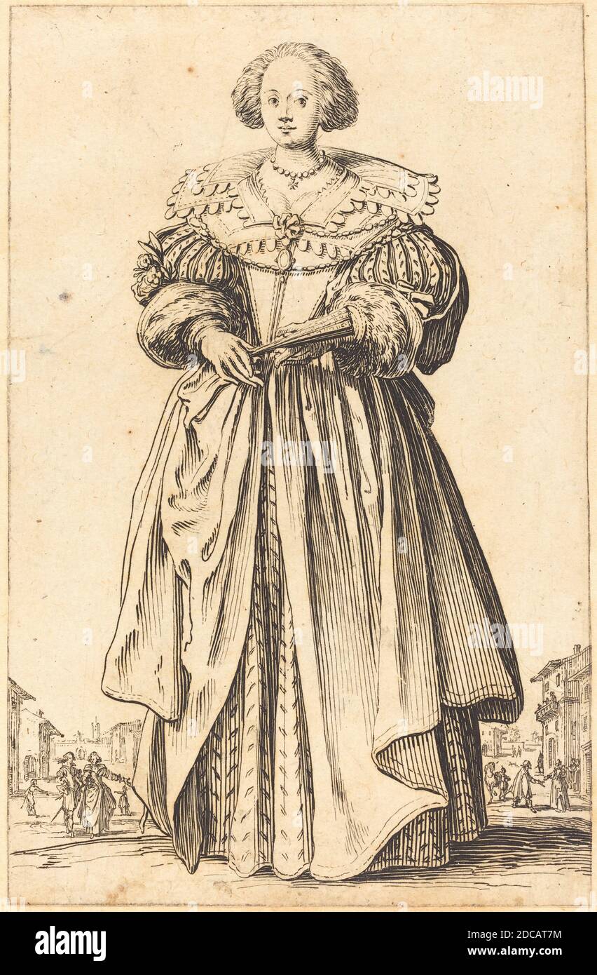 Jacques Callot, (Künstler), Französisch, 1592 - 1635, Edle Frau mit Fan, der Adel von Lothringen, (Serie), c. 1620/1623, Radierung Stockfoto