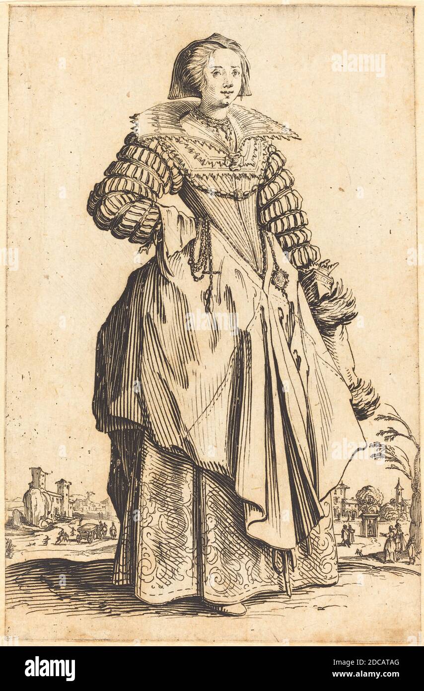 Jacques Callot, (Künstler), Französisch, 1592 - 1635, Edle Frau mit großem Kragen, der Adel von Lothringen, (Serie), c. 1620/1623, Radierung Stockfoto