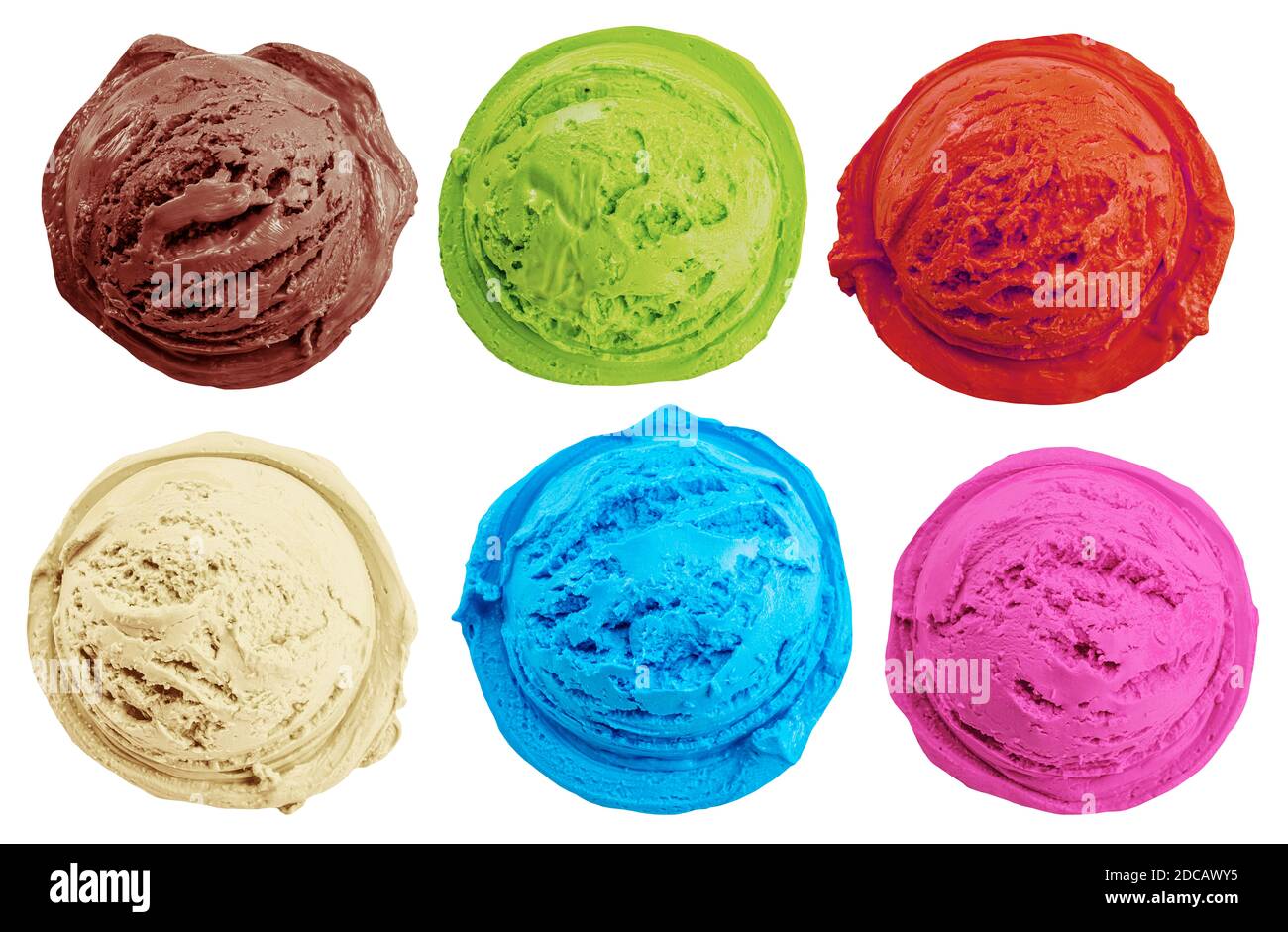 Set von verschiedenen bunten leckeren Kugeln Eis auf weißem Hintergrund. Draufsicht. Datei enthält Beschneidungspfad für jedes Element. Stockfoto