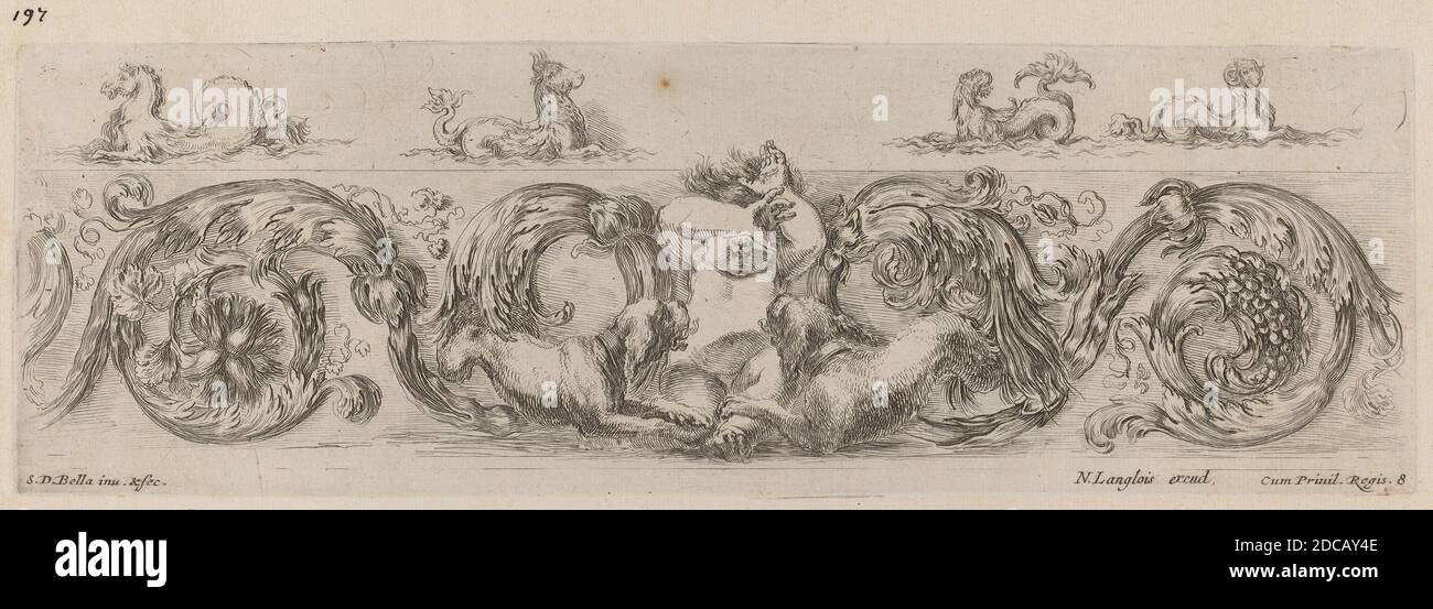 Stefano della Bella, (Künstler), Florentine, 1610 - 1664, Ornamental Fries with Marine Creatures, Ornamenti di fregi e fogliani, (Serie), wahrscheinlich 1648, Radierung Stockfoto