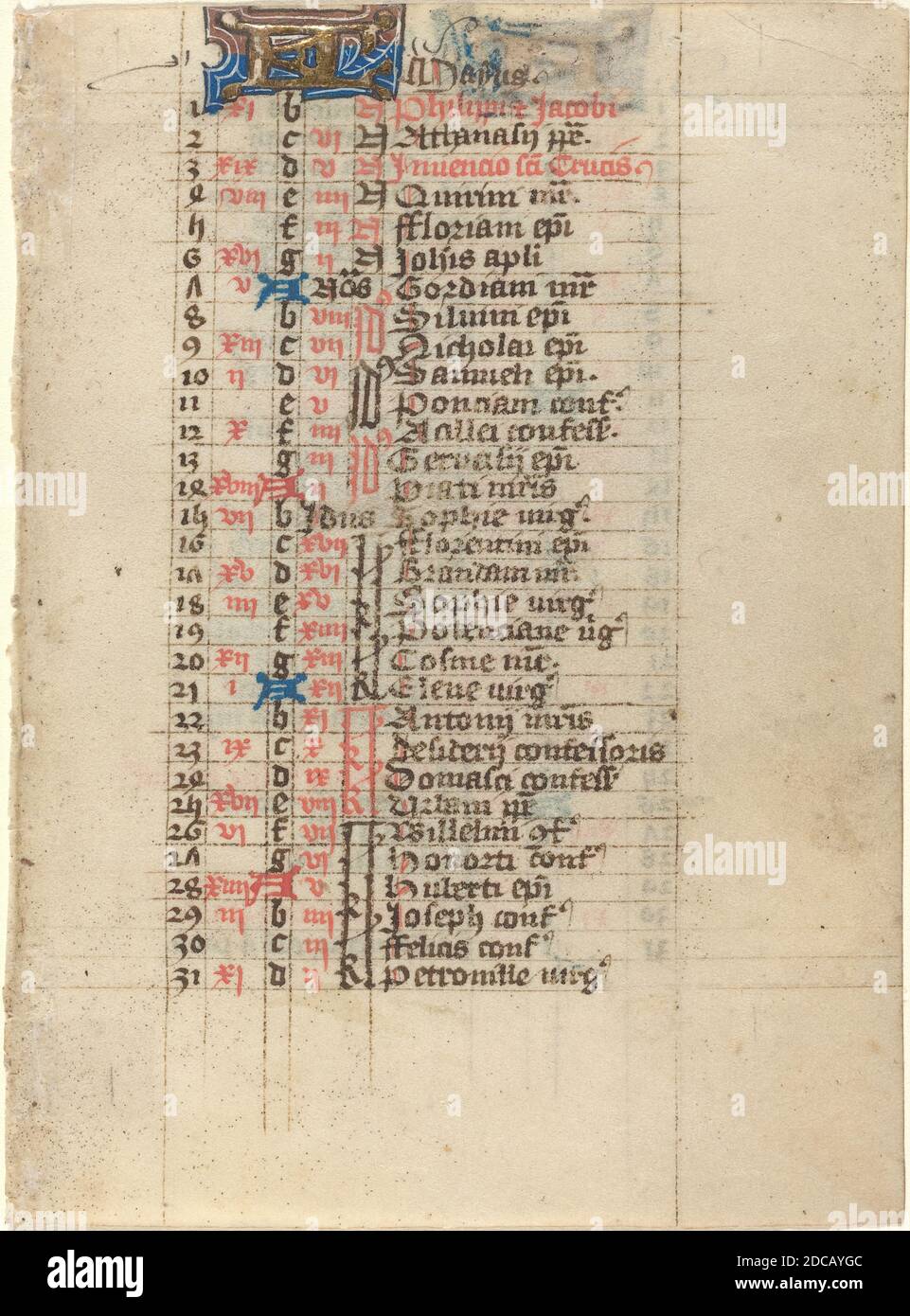 Französisch 15. Jahrhundert, (Künstler), Seite aus einem Buch der Stunden, c. 1400?, Manuskriptseite mit Text und illuminierten Initialen auf Pergament, insgesamt: 11 x 8 cm (4 5/16 x 3 1/8 Zoll Stockfoto