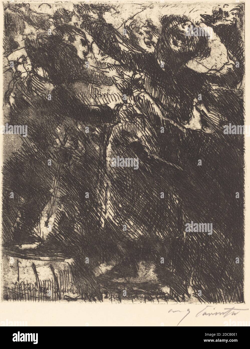 Lovis Corinth, (Künstler), deutsch, 1858 - 1925, Kapuzinerpredigt – 'Hetzt sich lieber herum mit der Dirn', Wallensteins Lager, (Serie), 1923, schwarze Radierung auf Van Gelder Zonen-Büttenpapier, Platte: 25.6 x 20.8 cm (10 1/16 x 8 3/16 Zoll), Blatt: 39.4 x 28.8 cm (15 1/2 x 11 5/16 Zoll Stockfoto