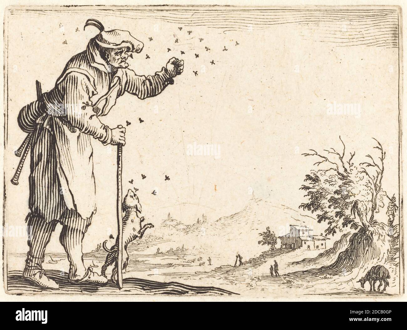 Jacques Callot, (Künstler), Französisch, 1592 - 1635, Bauer angegriffen von Bienen, Capricci (Nancy-Serie), (Serie), c. 1622, Ätzen Stockfoto