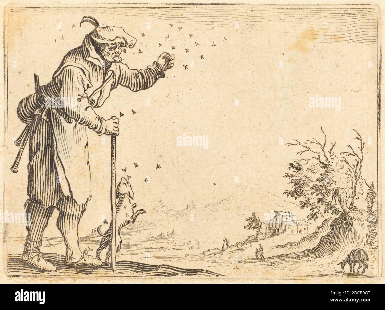 Jacques Callot, (Künstler), Französisch, 1592 - 1635, Bauer angegriffen von Bienen, Capricci (Nancy-Serie), (Serie), c. 1622, Ätzen Stockfoto