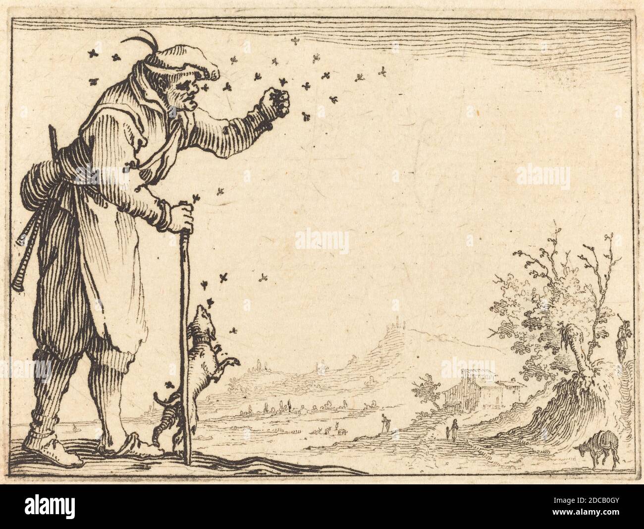 Jacques Callot, (Künstler), Französisch, 1592 - 1635, Bauer angegriffen von Bienen, Capricci (Florenz-Serie), (Serie), c. 1617, Ätzen Stockfoto