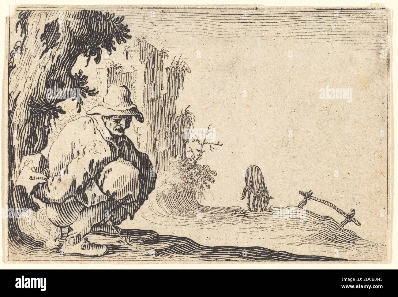 Jacques Callot, (Künstler), Französisch, 1592 - 1635, Bauer Stuhlentsäuerung, Capricci (Nancy-Serie), (Serie), c. 1622, Ätzen Stockfoto