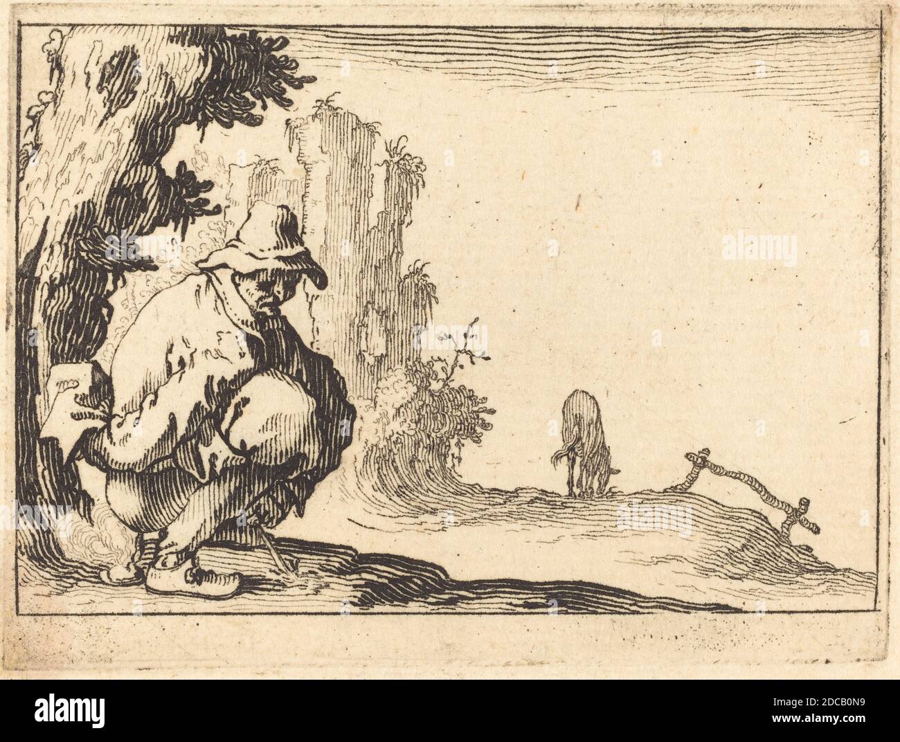 Jacques Callot, (Künstler), Französisch, 1592 - 1635, Bauerndefecating, Capricci (Florenz-Serie), (Serie), c. 1617, Ätzen Stockfoto