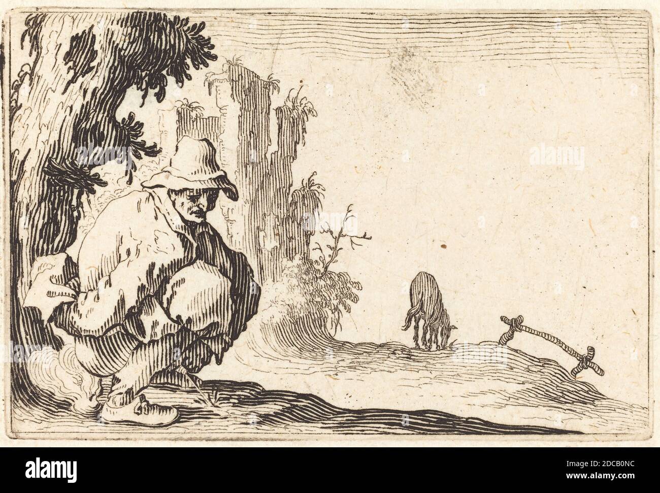 Jacques Callot, (Künstler), Französisch, 1592 - 1635, Bauer Stuhlentsäuerung, Capricci (Nancy-Serie), (Serie), c. 1622, Ätzen Stockfoto