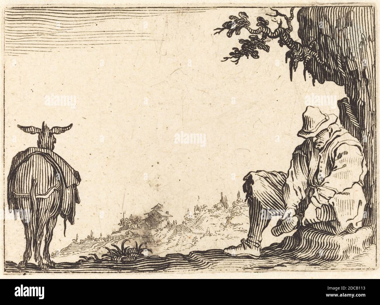 Jacques Callot, (Künstler), Französisch, 1592 - 1635, Bauer Entfernen seines Schuhs, Capricci (Nancy-Serie), (Serie), c. 1622, Ätzen Stockfoto