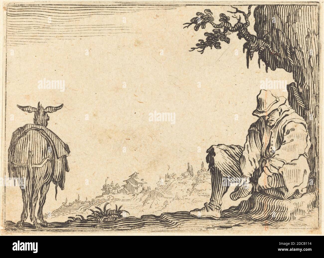 Jacques Callot, (Künstler), Französisch, 1592 - 1635, Bauer Entfernen seines Schuhs, Capricci (Nancy-Serie), (Serie), c. 1622, Ätzen Stockfoto