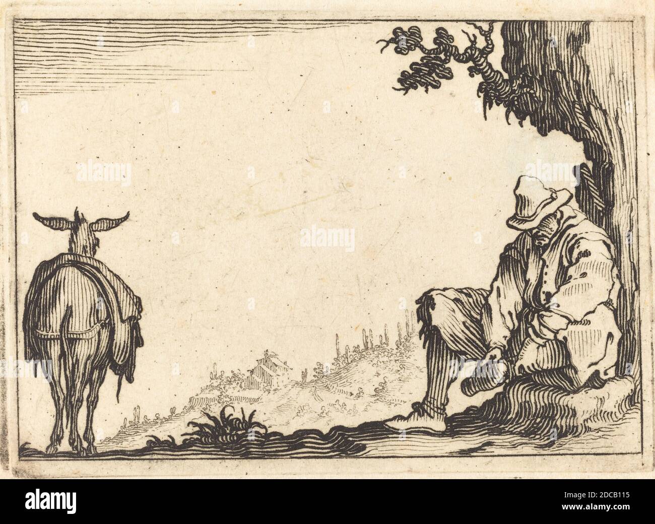 Jacques Callot, (Künstler), Französisch, 1592 - 1635, Bauer Entfernen seines Schuhs, Capricci (Florenz-Serie), (Serie), c. 1617, Ätzen Stockfoto