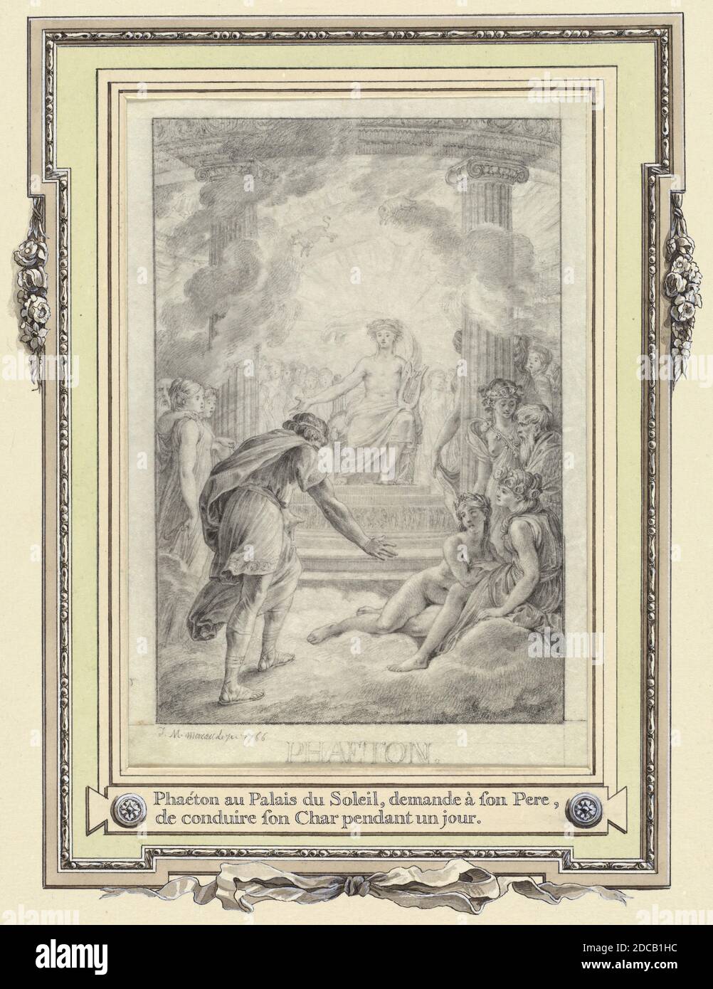 Jean-Michel Moreau der Jüngere, (Künstler), Französisch, 1741 - 1814, Phaeton au Palais du Soleil ..., Album mit Zeichnungen & Grafiken zu 'Les Metamorphoses d'Ovide', (Serie), 1766, Graphit Stockfoto