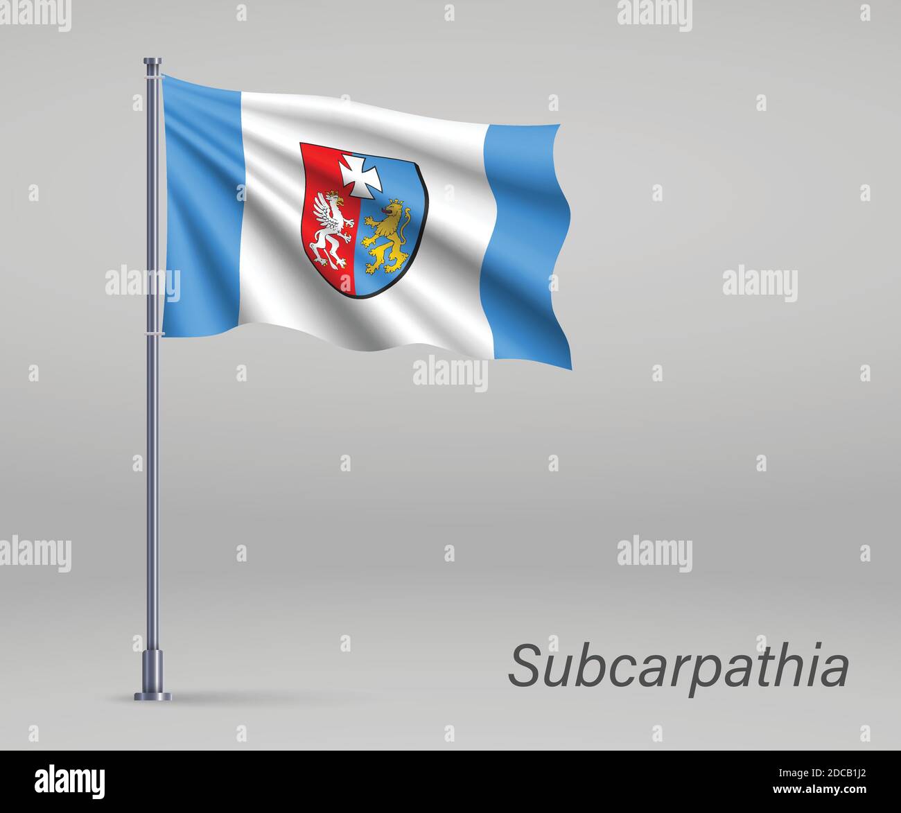 Winkende Flagge der Woiwodschaft Subcarpathia - Provinz Polen auf Fahnenmast. Vorlage für Unabhängigkeitstag Stock Vektor