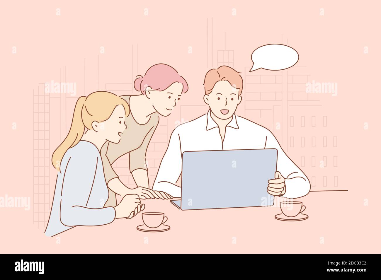 Meeting, Coworking, Teamwork, Analyse Geschäftskonzept. Team oder Gruppe von Menschen Geschäftsleute Frauen Mitarbeiter Partner Cartoon-Figuren zusammenarbeiten ich Stock Vektor