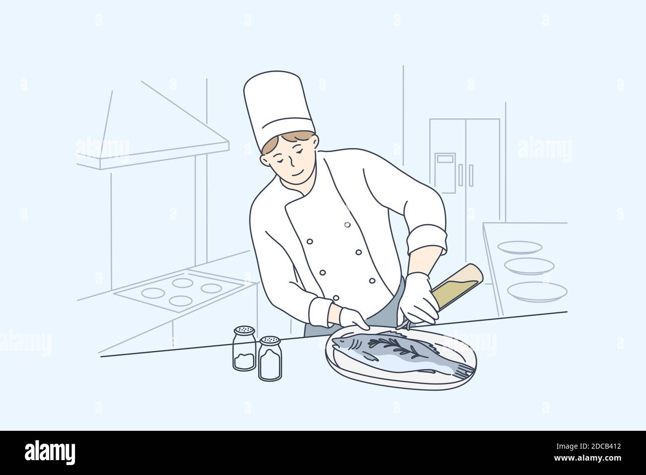 Meer, Küche, Kochen, Fischkonzept. Junger Mann oder Junge professionelle Kocher Koch Cartoon-Figur Vorbereitung Lachs oder Forelle im Restaurant oder Café. Kochen Stock Vektor
