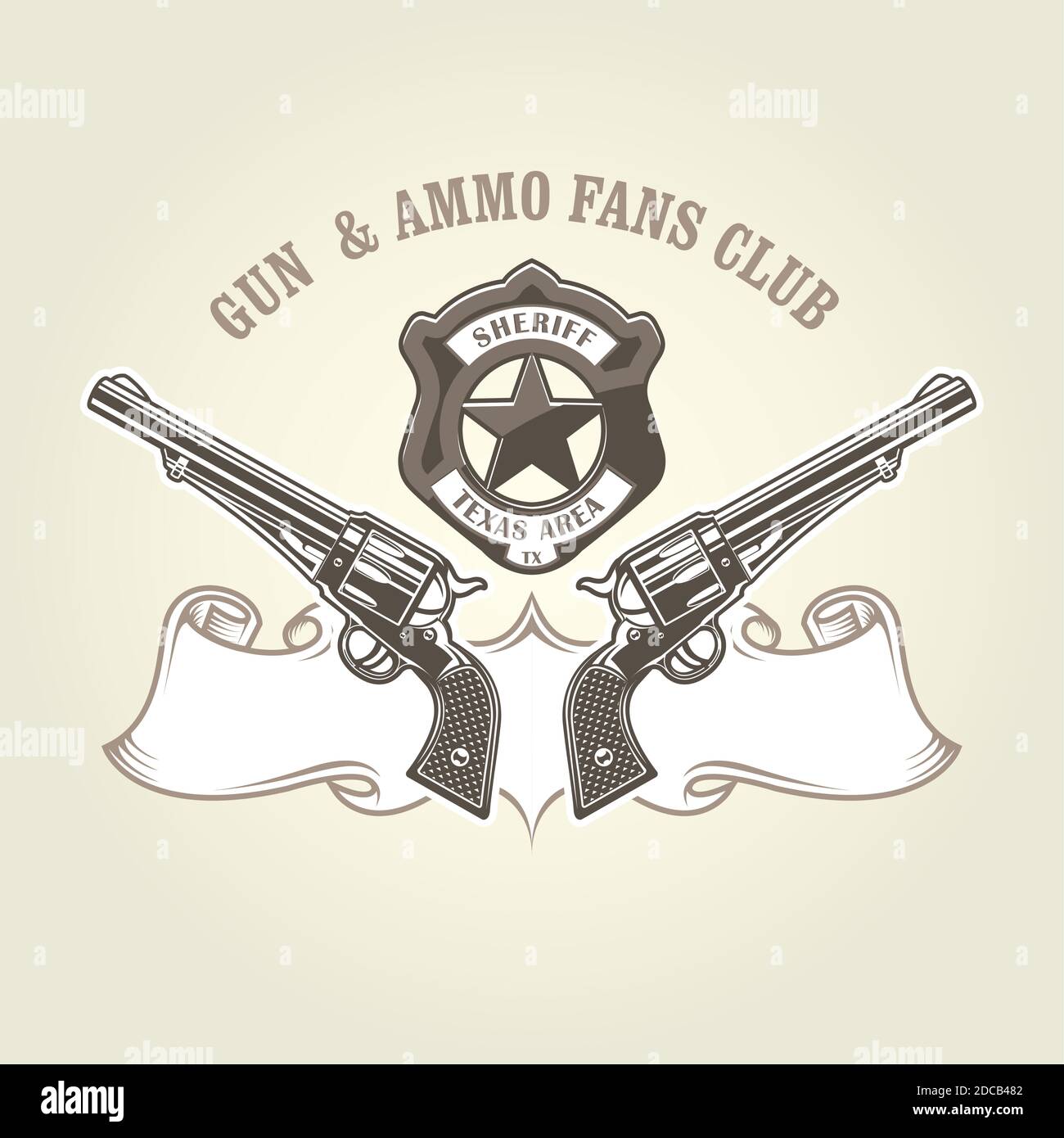 Wild West Emblem mit Pistolen und Sheriff Abzeichen, Cowboy Revolver, zwei gekreuzte vintage Handfeuerwaffen, sechs Shooter Vektor Illustration Stock Vektor
