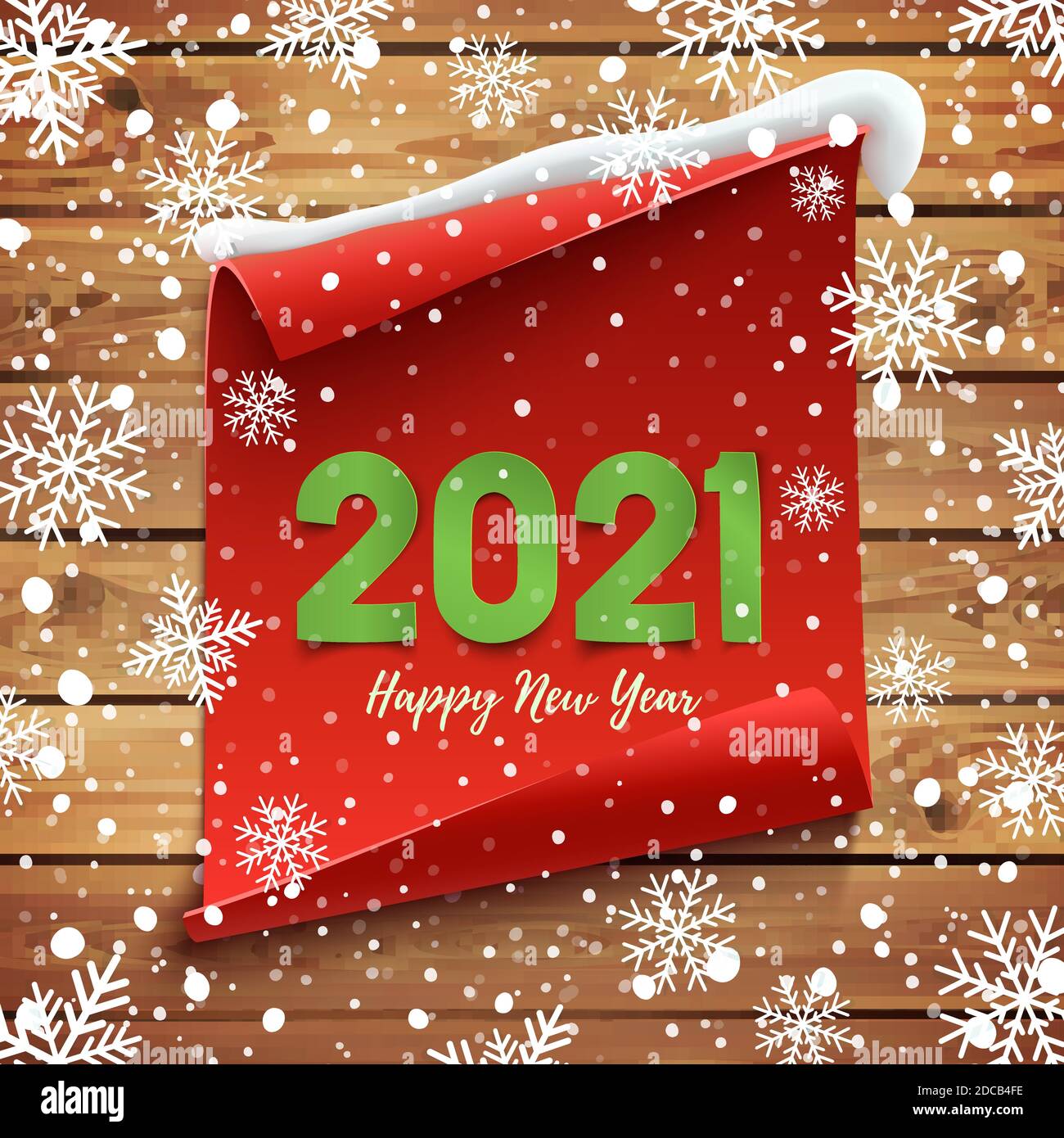 Glückwunschkarte für das neue Jahr 2021. Rotes gebogenes Banner auf Holzbohlen. Stock Vektor