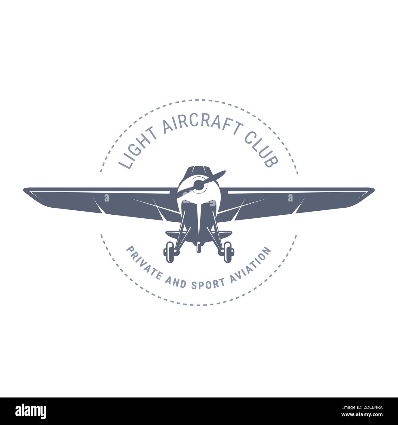 Leichte Luftfahrt-Emblem mit Doppeldecker, Vintage-Flugzeug-Symbol, Propeller Flugzeug Vorderansicht Logo, Vektor-Illustration Stock Vektor