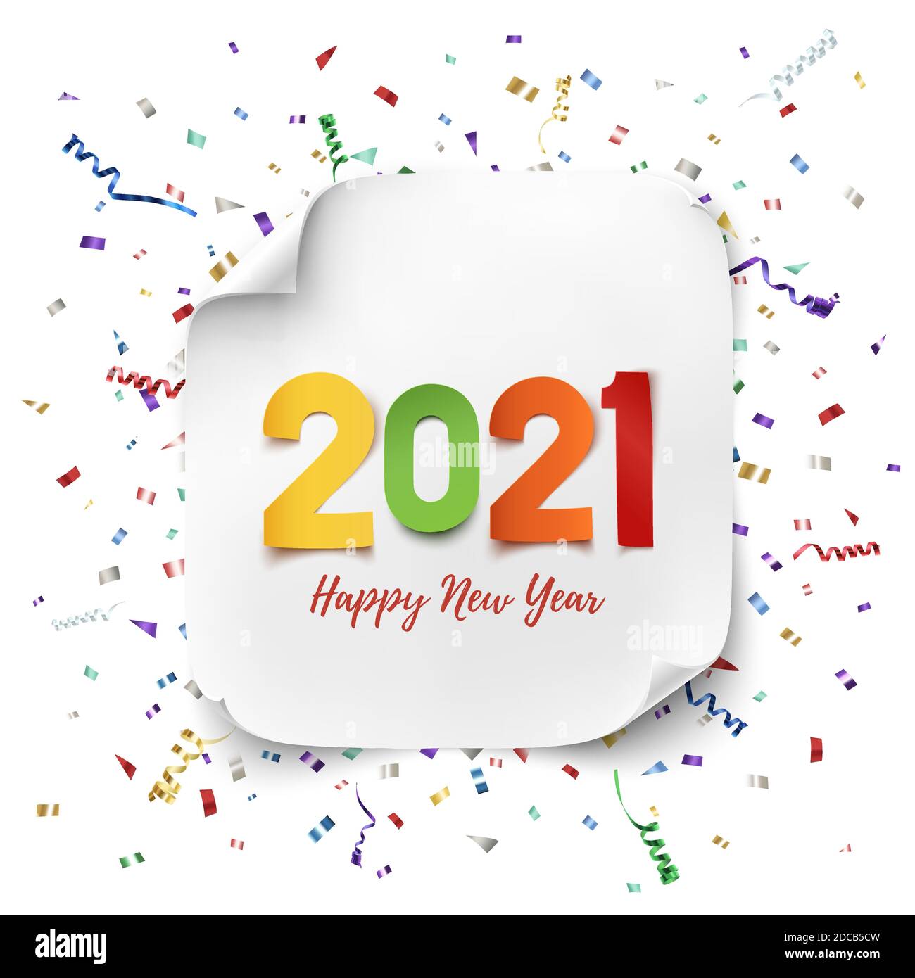 Frohes Neues Jahr 2021. Farbenfrohes Papier-Abdtract-Design. Stock Vektor