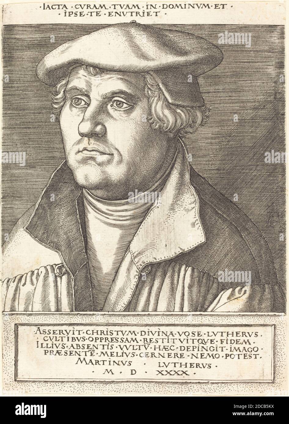 Heinrich Aldegrever, (Künstler), deutsch, 1502 - 1555/1561, Martin Luther, Gravur, Blatt (auf Plattenmarke zugeschnitten): 17.3 x 12.6 cm (6 13/16 x 4 15/16 Zoll Stockfoto