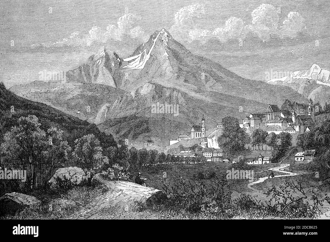 Berchtesgaden und der Berg Watzmann, Alpen, Bayern, Deutschland, ca 1875 / Berchtesgaden und der Berg Watzmann, Alpen, Bayern, Deutschland, ca 1875, Historisch, historisch, digital verbesserte Reproduktion eines Originals aus dem 19. Jahrhundert / digitale Reproduktion einer Originalvorlage aus dem 19ten Jahrhundert. Jahrhundert, Stockfoto