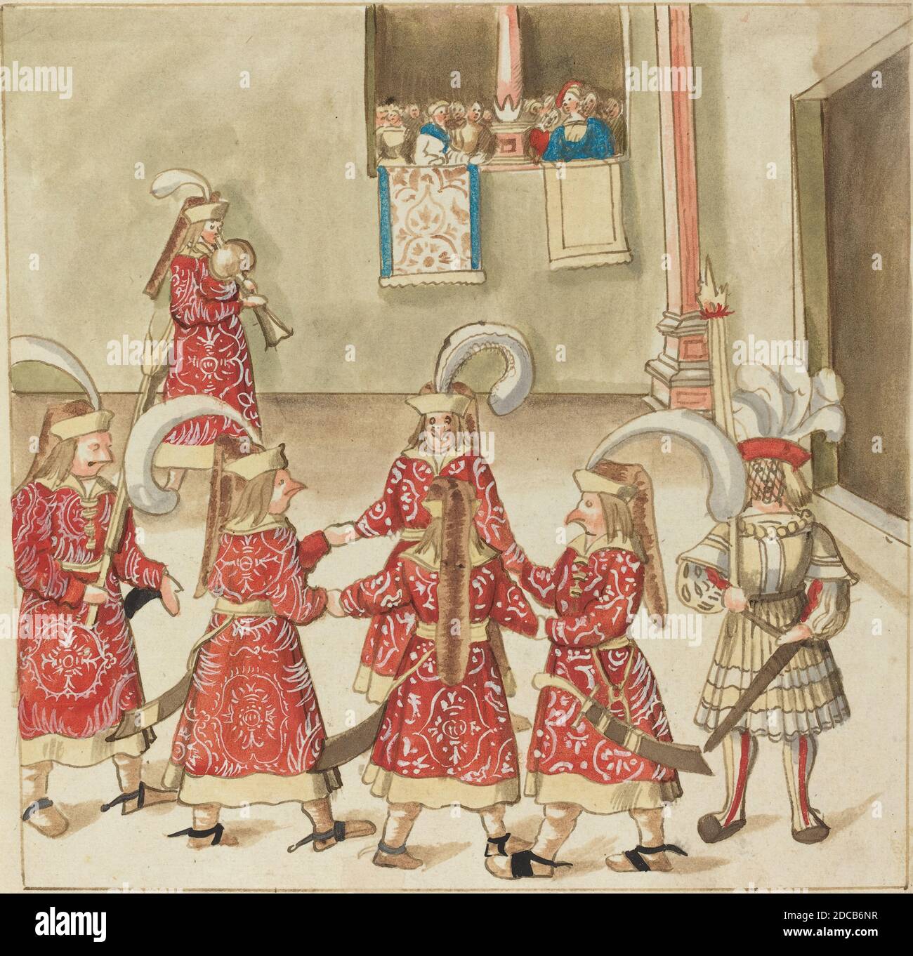 Deutsch 16. Jahrhundert, (Künstler), Masquerade, Freydal, (Serie), c. 1515, Stift und braune Tinte mit Aquarell auf Papier, Bild: 23.2 cm (9 1/8 Zoll), Blatt: 33.6 x 26.9 cm (13 1/4 x 10 9/16 Zoll Stockfoto