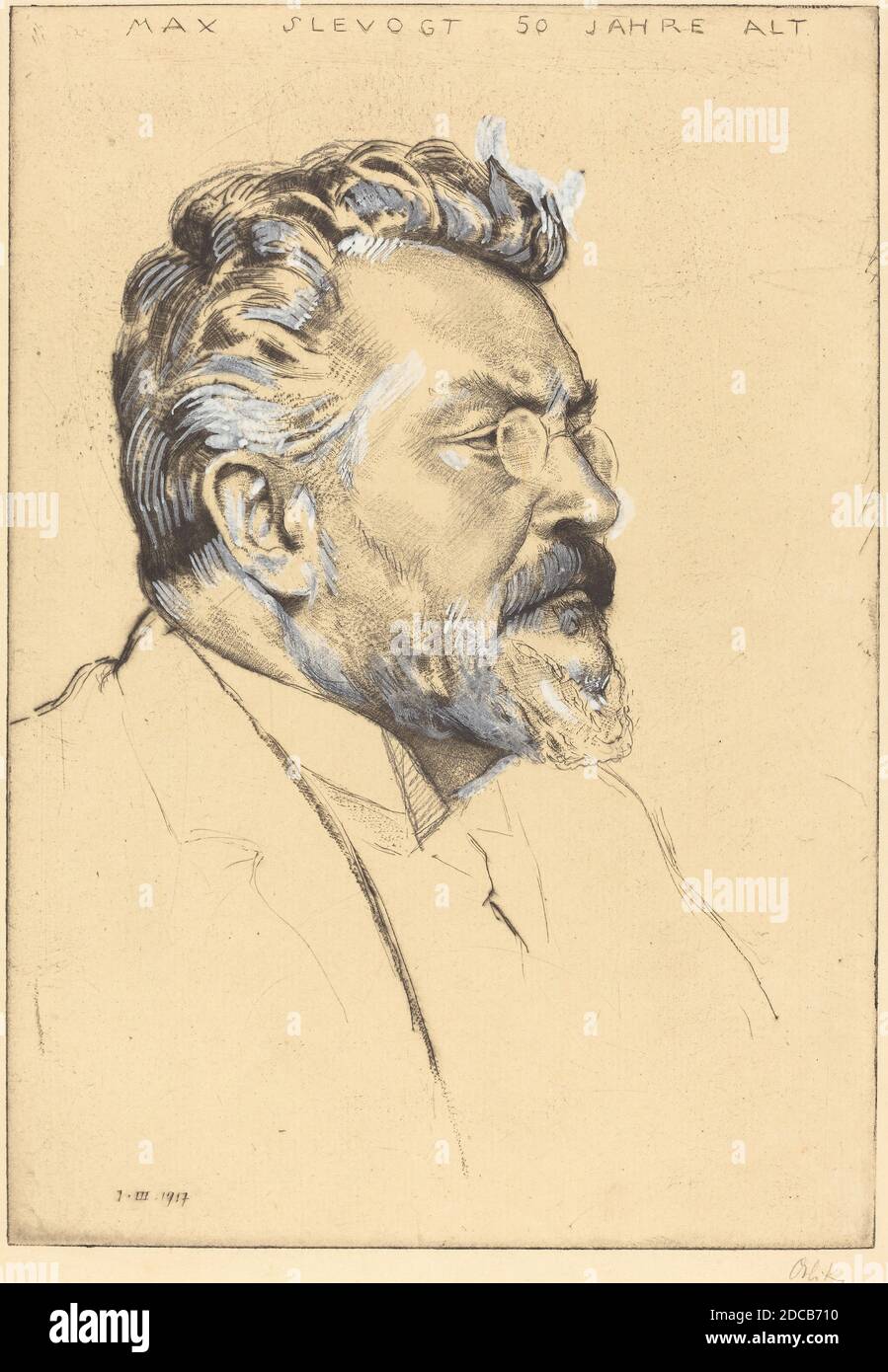 Emil Orlik, (Künstler), deutsch, 1870 - 1932, Max Slevogt, 1917, Trockenpunkt und Rocker mit Graphit und weißer Aufhellung auf gegogenem Papier, Platte: 26.7 x 18.6 cm (10 1/2 x 7 5/16 Zoll), Blatt: 34.1 x 25.7 cm (13 7/16 x 10 1/8 Zoll Stockfoto