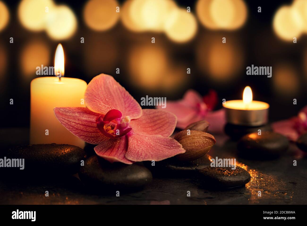 Massagesteine, Orchideenblüten und brennende Kerzen auf dunklem Bokeh-Hintergrund im Spa- und Wellnesscenter Stockfoto