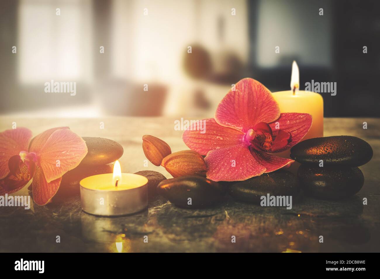 Beauty-Behandlung und Wellness-Hintergrund mit Massagesteinen Orchideenblumen Und brennende Kerzen im Spa-Center Stockfoto