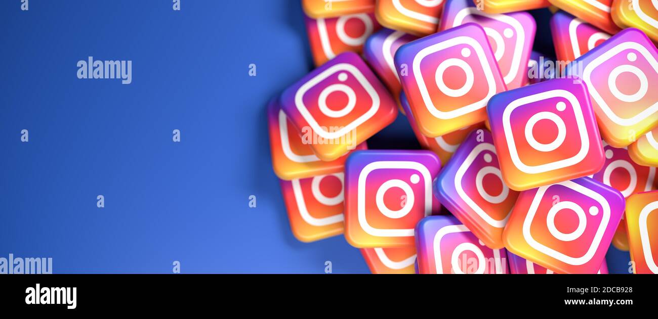 Logos der Social Media Bild- und Video-Sharing-Website und App Instagram (Teil von Facebook) auf einem Haufen. Webbanner Größe mit Kopierraum - Selective FOC Stockfoto