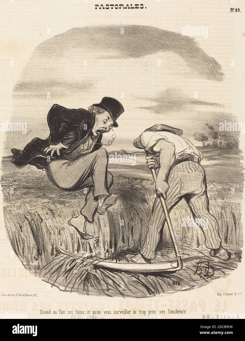 Honoré Daumier, (Künstler), französisch, 1808 - 1879, Quand on fait ses foins..., Pastorales: pl. 49, (Serie), 1846, Lithographie auf Zeitungspapier Stockfoto