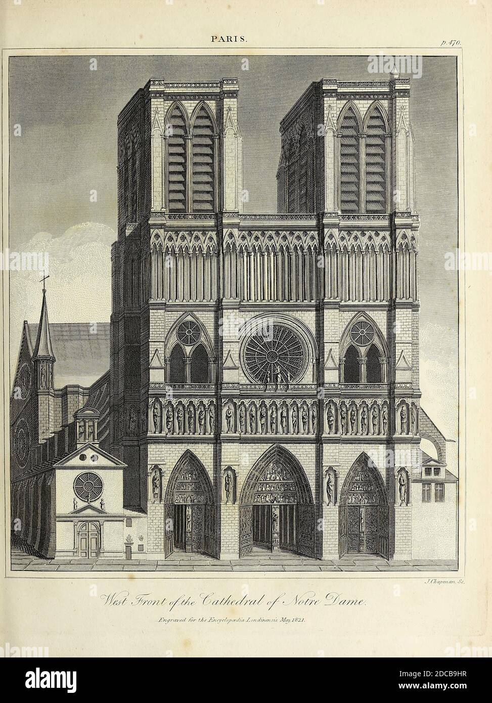 19. Jahrhundert Illustration der Westfront der Kathedrale von Notre Dame de Paris, Frankreich Kupferstich aus der Encyclopedia Londinensis oder, Universal Wörterbuch der Künste, Wissenschaften und Literatur; Band XVIII; herausgegeben von Wilkes, John. Veröffentlicht 1821 in London Stockfoto