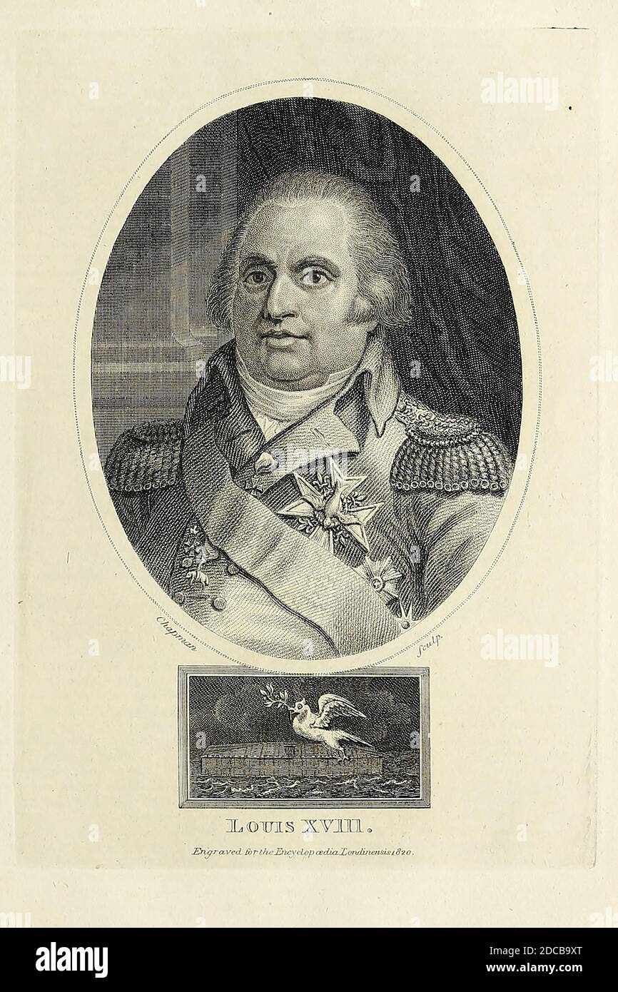 Louis XVIII (Louis Stanislas Xavier; 17. November 1755 – 16. September 1824), bekannt als der gewünschte (Französisch: le Désiré), war König von Frankreich von 1814 bis 1824, mit Ausnahme der hundert Tage im Jahr 1815. Er verbrachte 23 Jahre im Exil: Während der Französischen Revolution und des Ersten Französischen Reiches (1791–1814) und während der hundert Tage. Kupferstich aus der Encyclopedia Londinensis oder, Universal Wörterbuch der Künste, Wissenschaften und Literatur; Band XVIII; herausgegeben von Wilkes, John. Veröffentlicht 1821 in London Stockfoto