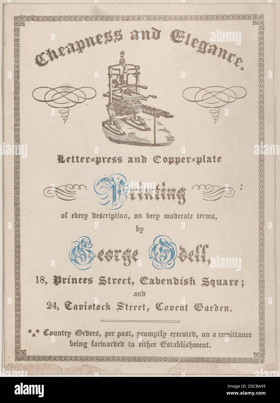 Tauschkarte für George Odell, Drucker, 19. Jahrhundert. Stockfoto