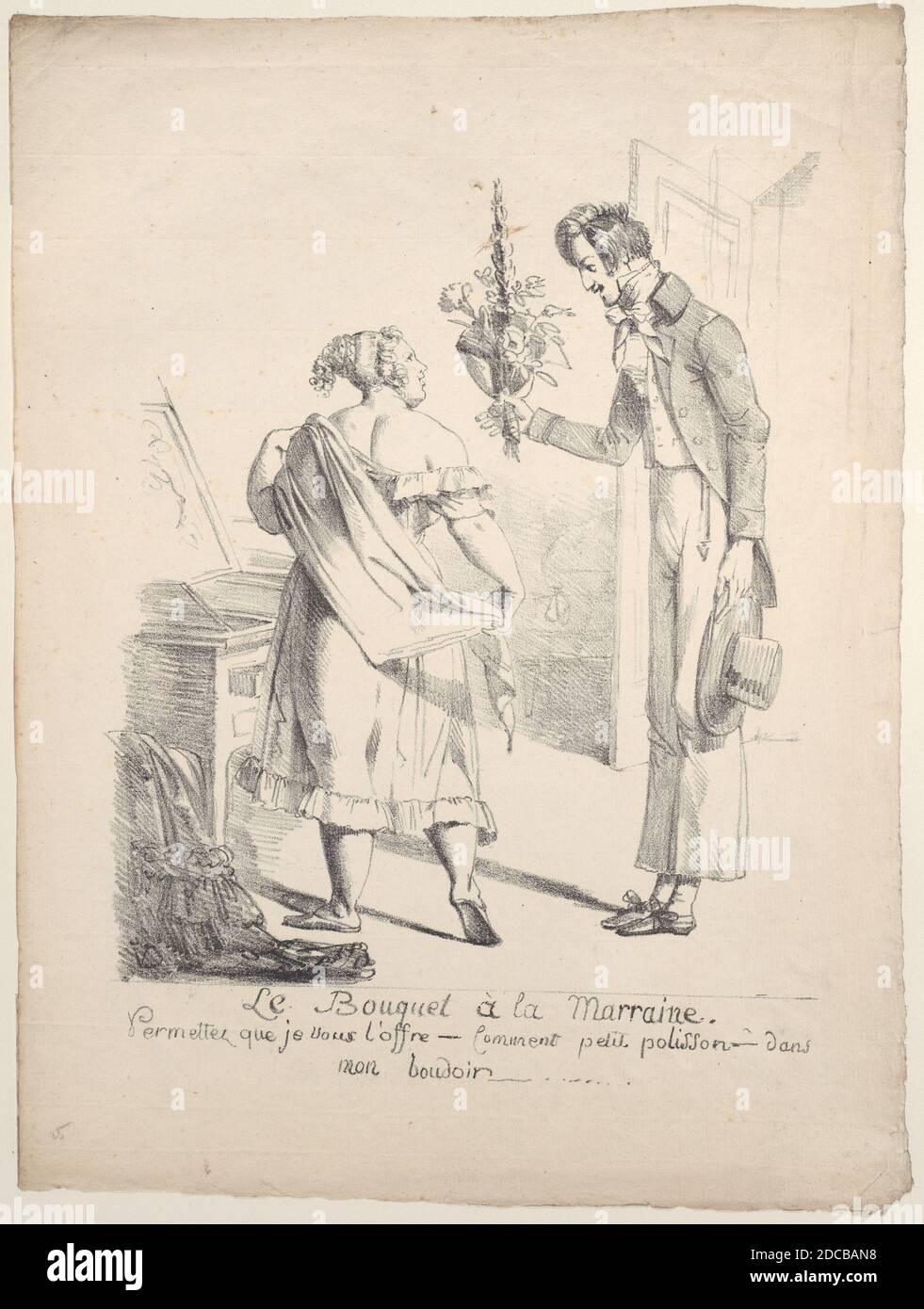 Der Blumenstrauß der Godmother, ca. 1800-1825. [Le Bouquet &#xe0; la Marraine. Permettez que je vous l'offre - Kommentar Petit polisson - dans mon boudoir...]. Stockfoto