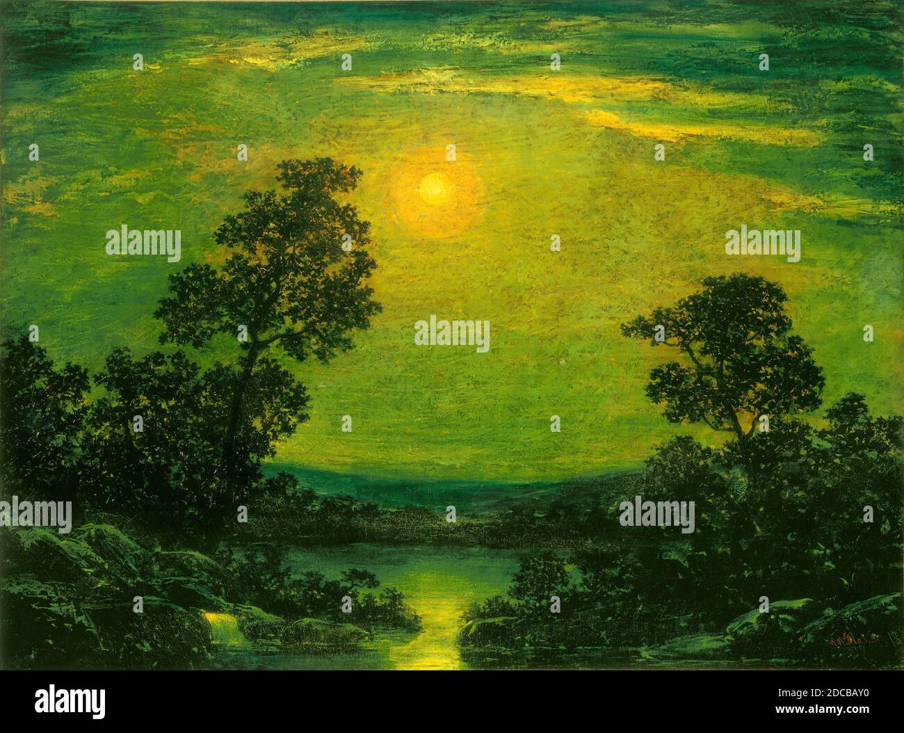Anonymous Artist, (Maler), Ralph Albert Blakelock, (verwandter Künstler), American, 1847 - 1919, Mondschein, Anfang des 20. Jahrhunderts, Öl auf Leinwand, insgesamt: 75.6 x 101.3 cm (29 3/4 x 39 7/8 Zoll), gerahmt: 101.9 x 127.3 x 10.2 cm (40 1/8 x 50 1/8 x 4 Zoll Stockfoto