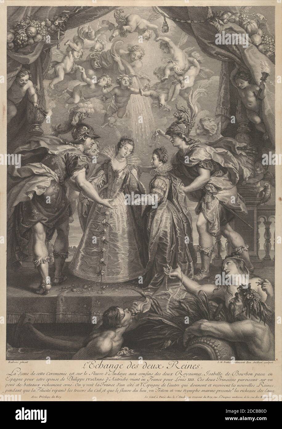 Tafel 17: Der Austausch der beiden Prinzessinnen in Hendaye; allegorische Szene mit Anne von Österreich und Elisabeth von Bourbon auf einer Brücke mit Händen von Recueil de la Galerie du Luxembourg, 1707-10. Stockfoto