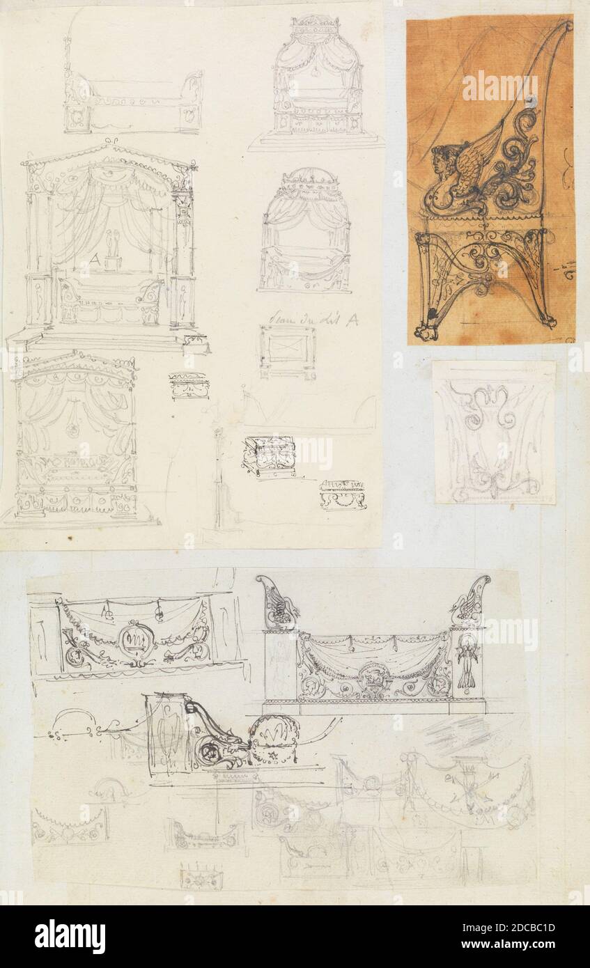 Sammelalbum mit Zeichnungen und mehreren Grafiken von Architektur, Innenräumen, Möbeln und anderen Objekten, ca. 1800-1850. Stockfoto