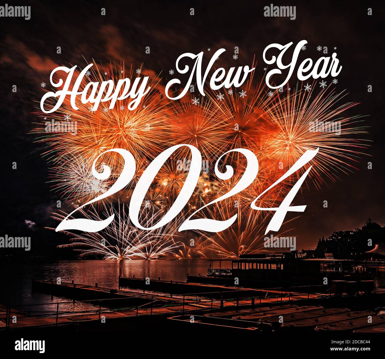 Frohes neues Jahr 2024 mit Feuerwerk Hintergrund. Feiern Sie Das Neue