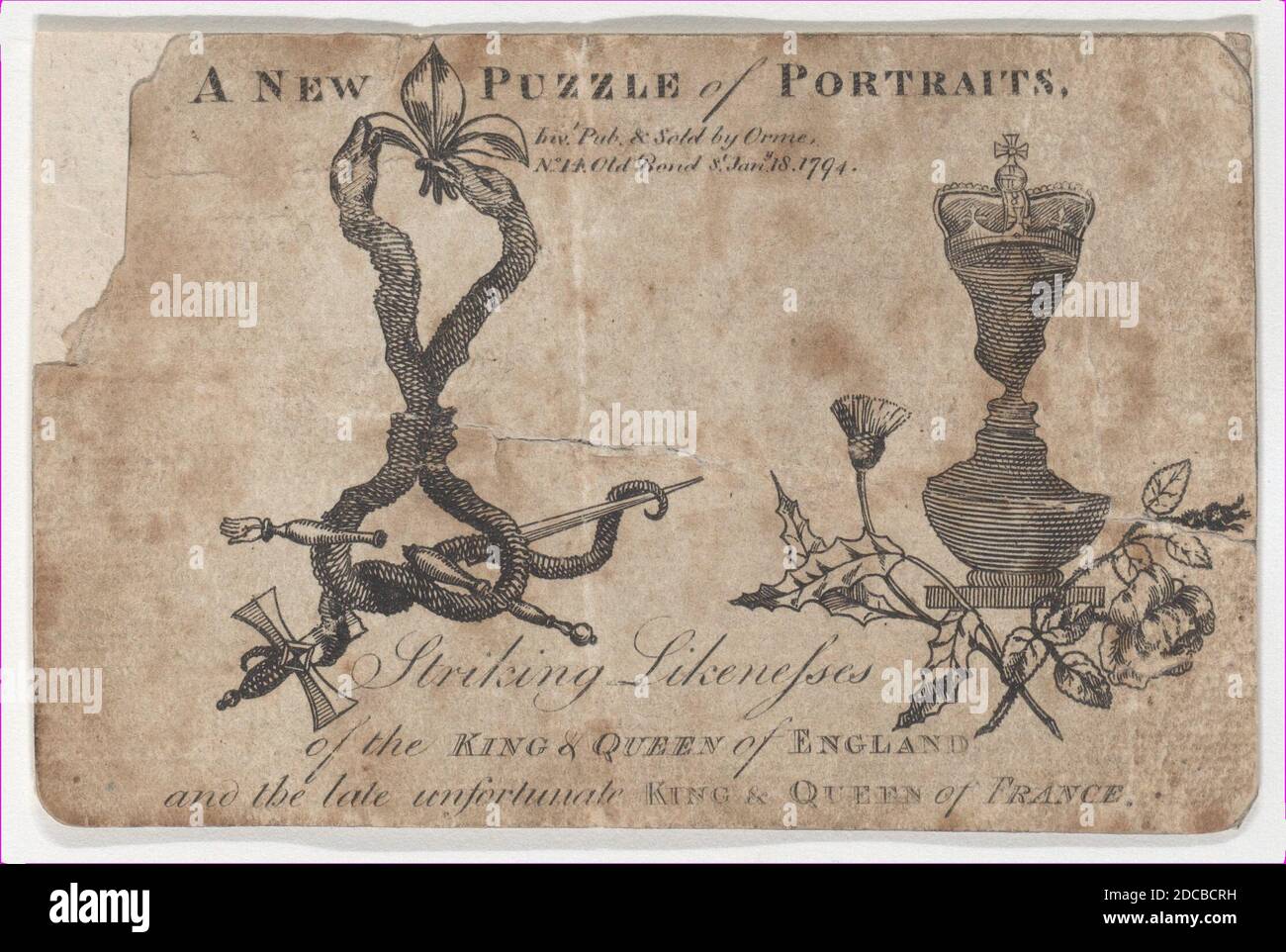 Puzzle Porträts der Könige und Königinnen von England und Frankreich, 1794. Stockfoto