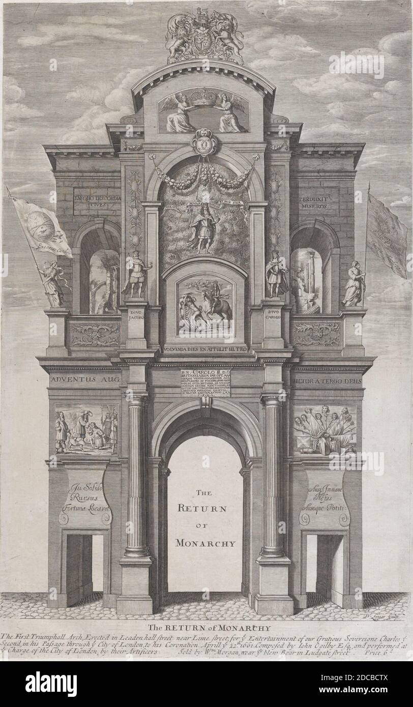 Die Rückkehr der Monarchie; der erste Triumphbogen, der für Karl II. In seiner Passage durch die Stadt London für seine Krönung, 22. April 1661, 1662 errichtet wurde. Stockfoto