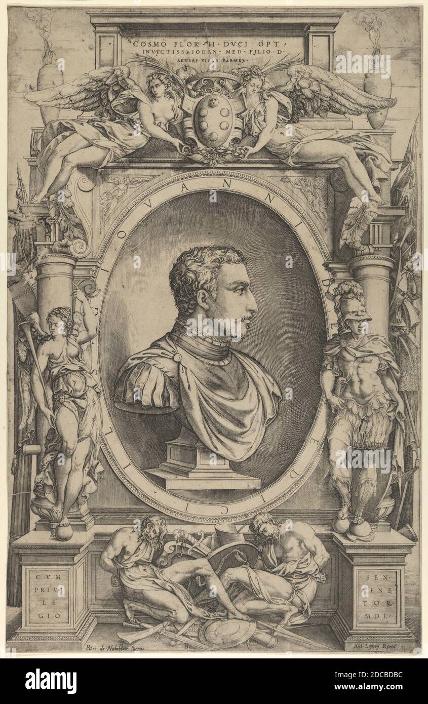 Porträt von Giovanni de' Medici nach rechts in einer aufwendigen Kartusche flankiert von Sieg auf der linken Seite und Mars auf der rechten Seite, geflügelte Figuren mit Medici Wappen oben in der Mitte, 1550. Stockfoto