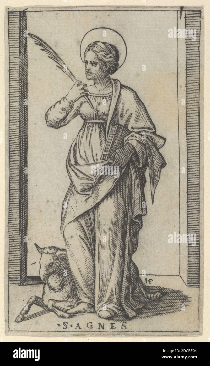 Heilige Agnes steht eine Handfläche in der rechten Hand, ein Schaf unten links, aus der Serie 'Piccoli Santi' (kleine Heilige), ca. 1500-1527. Stockfoto