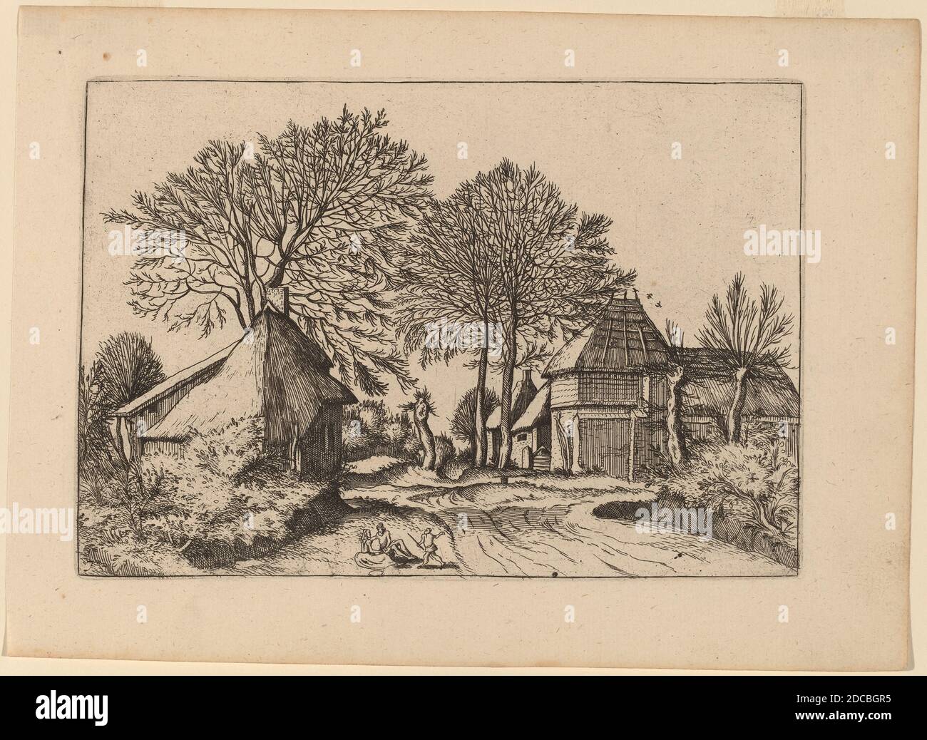 Johannes van Doetechum der Ältere, (Künstler), Holländer, gestorben 1605, Lucas van Doetechum, (Künstler), Holländer, aktiv 1554/1572; gestorben vor 1589, Meister der kleinen Landschaften, (Künstler nach), Niederlandisch, Straße mit Scheune und Hütten, kleine Landschaften (New Holl. 118-161), (Serie), erschienen in oder vor 1676, Radierung retuschiert mit Gravur Stockfoto