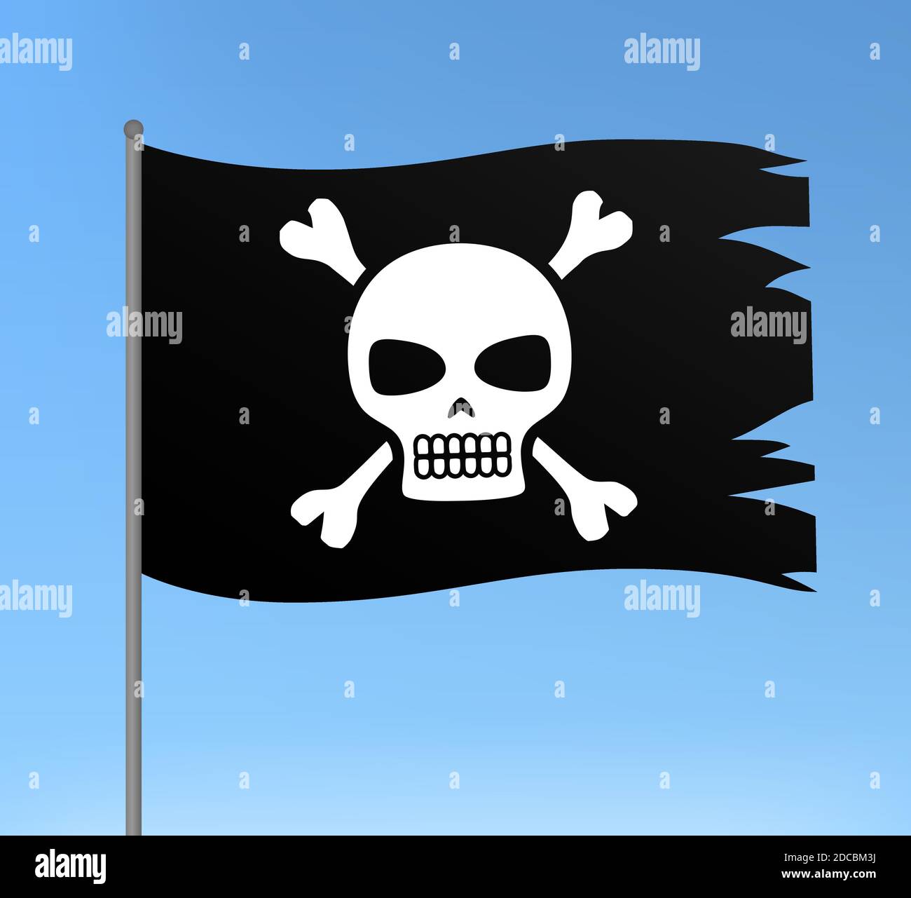 Schwarze Piratenfahne mit Totenkopf und Kreuzknochen Symbol fröhliche roger Vektorgrafik im Comic-Stil Stock Vektor