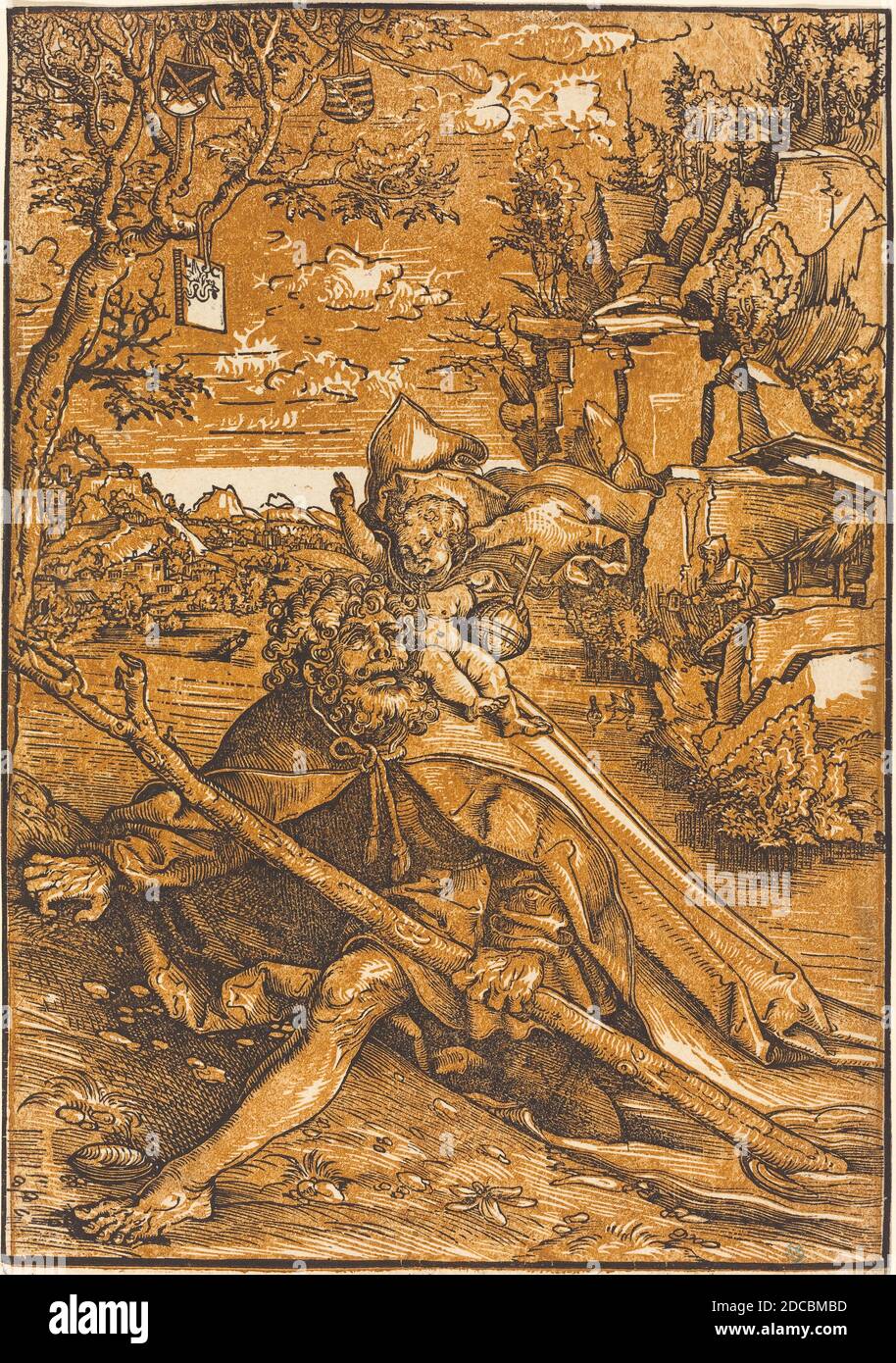 Lucas Cranach der Ältere, (Künstler), deutsch, 1472 - 1553, Saint Christopher, 1506, Chiaroscuro-Holzschnitt gedruckt in braun-orange und schwarz Stockfoto