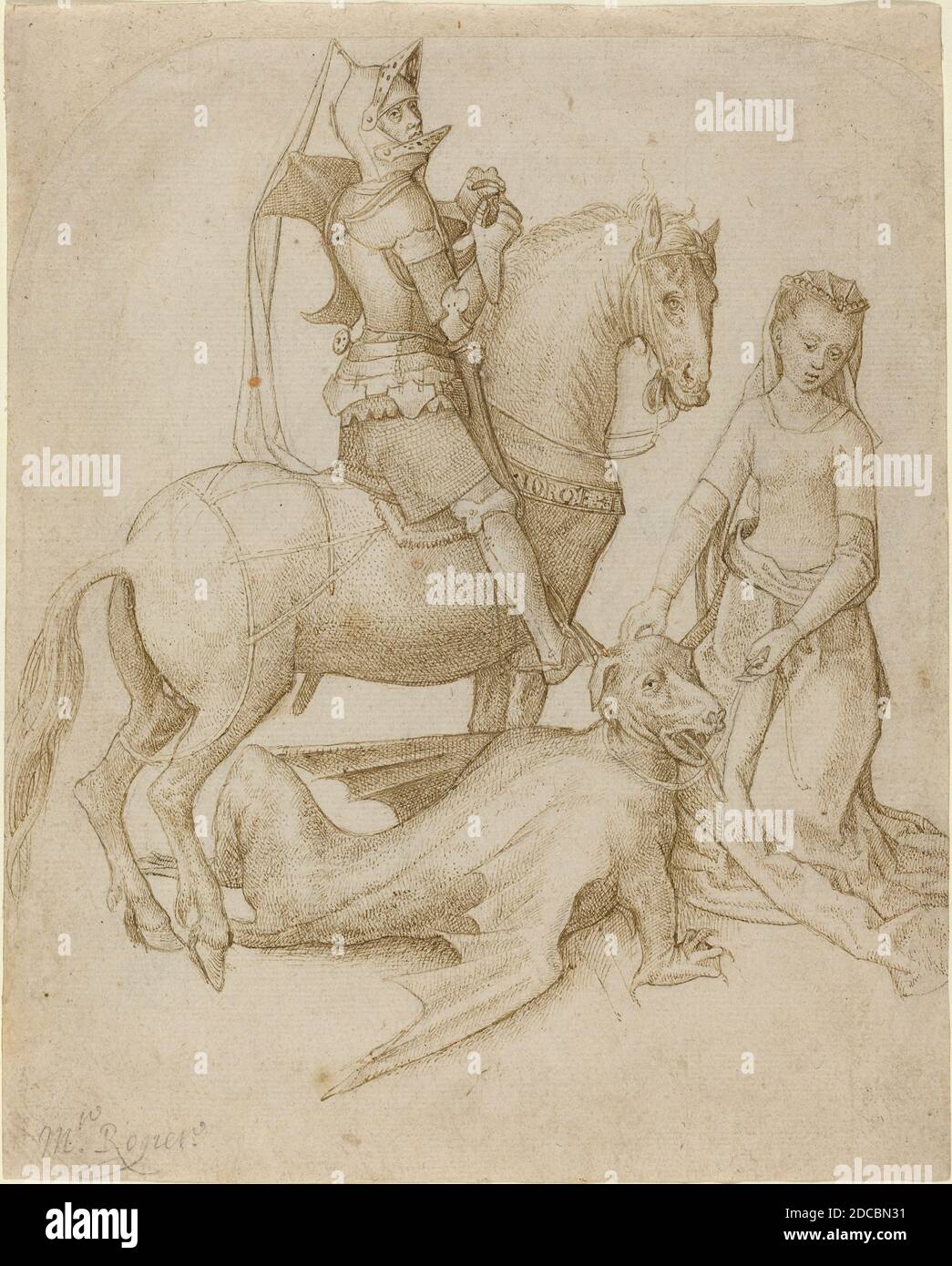 Hugo van der Goes, (Künstler), Niederlandisch, c. 1440 - 1482, St. George und der Drache, Stift und braune Tinte auf Papier gelegt, insgesamt (ca.): 20 x 16.6 cm (7 7/8 x 6 9/16 Zoll), Unterstützung: 20.6 x 16.6 cm (8 1/8 x 6 9/16 Zoll Stockfoto